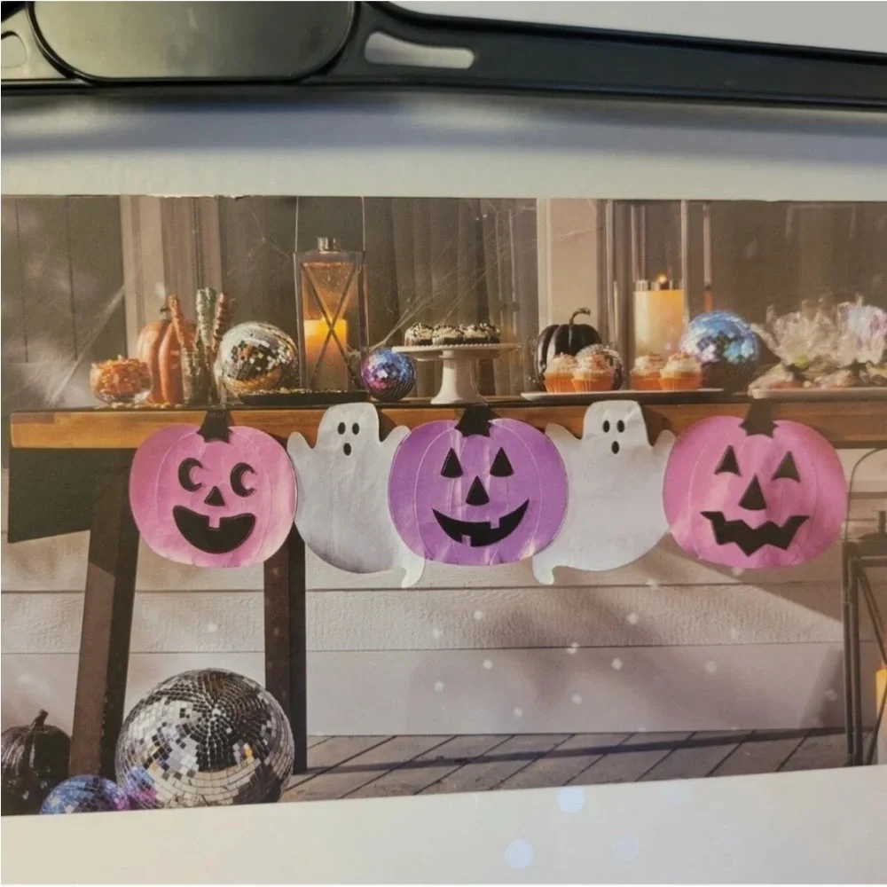 Isaac Mizrahi Halloween Mantel Scarf Jack O Lantern Ghosts Metallic Purple 84